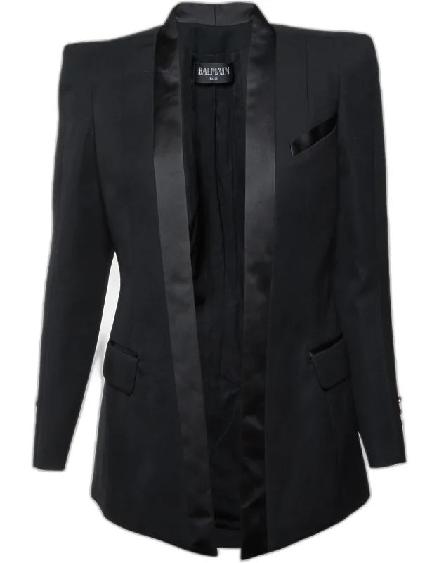 Wool Satin Trim Open Front Structured Blazer