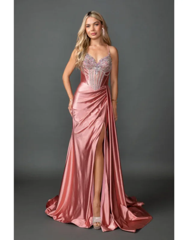 Beaded Corset Bodice Satin Draped Skirt High Slit Spaghetti Strap Prom Dress
