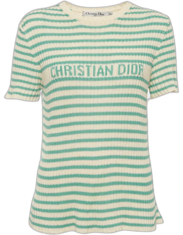 Cream/blue Striped Rib Knit Pullover