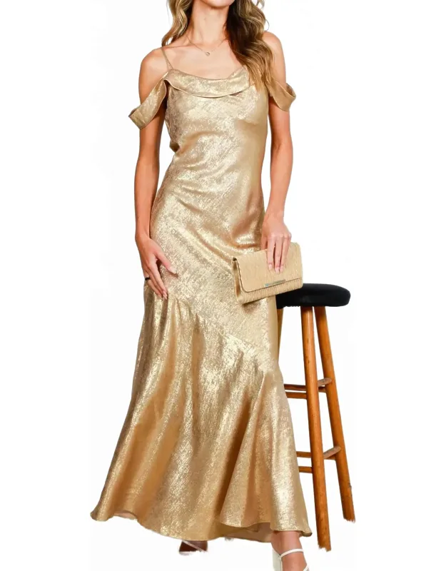 Off The Shoulder Strap Metallic Maxi Dress