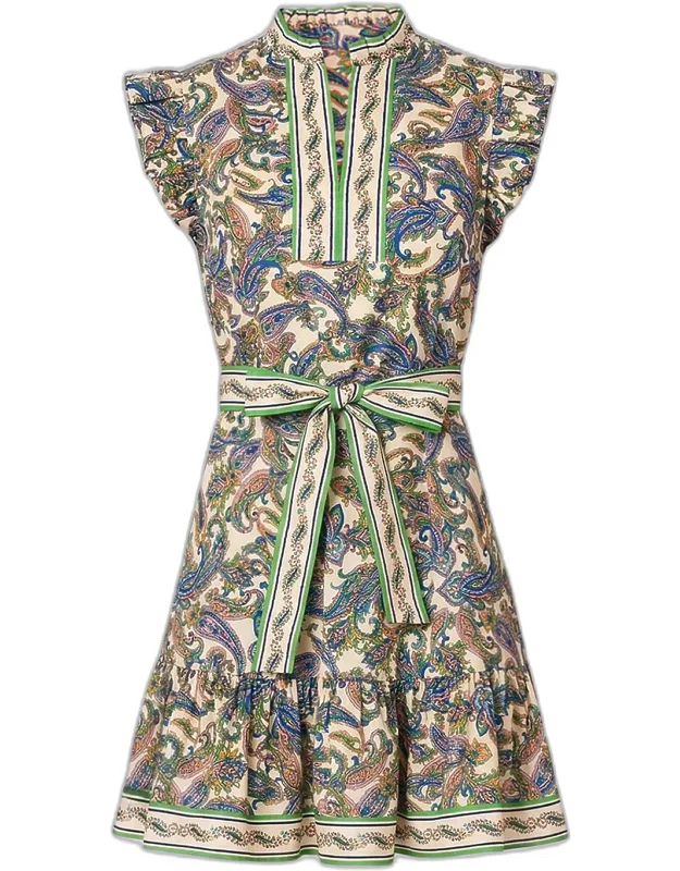 Tie-waist Paisley Stretch-cotton A-line Mini Dress