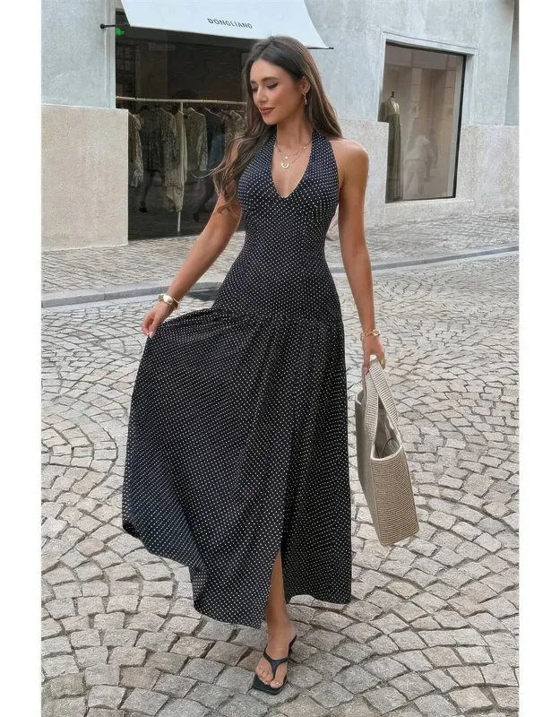 Polka Dot Vintage Halter Neck Maxi Dress