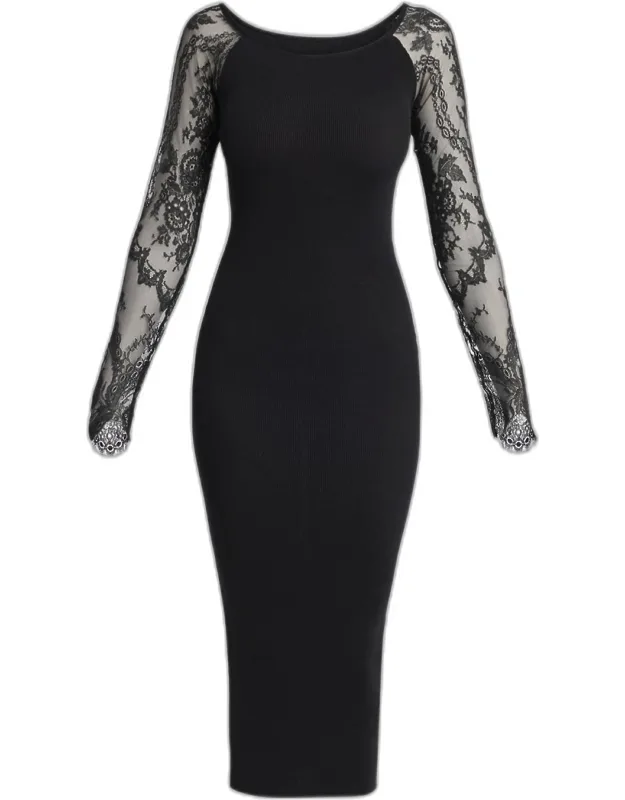 Lace Long-sleeve Rib Midi Dress