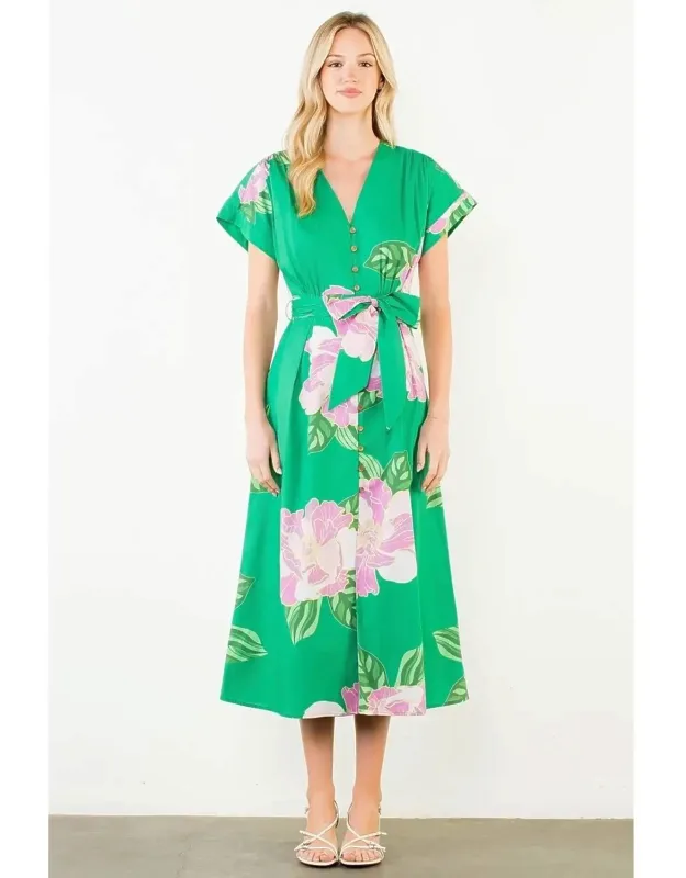 Floral V-neck Belt Midi Dress
