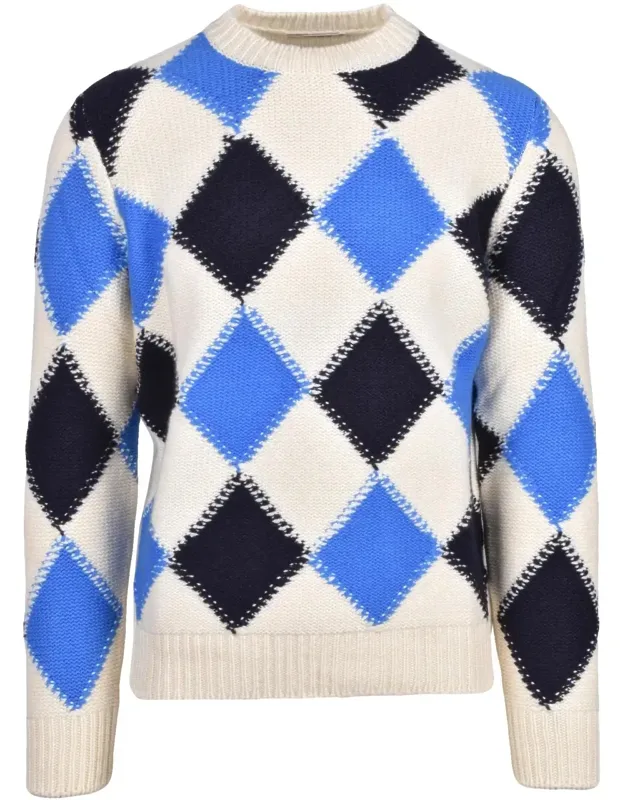 Crewneck Sweater With Bold Argyle Pattern And Textured Details