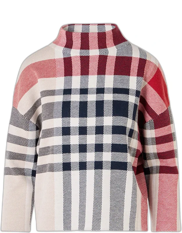 Mock-neck Check Knit Bracelet-sleeve Sweater