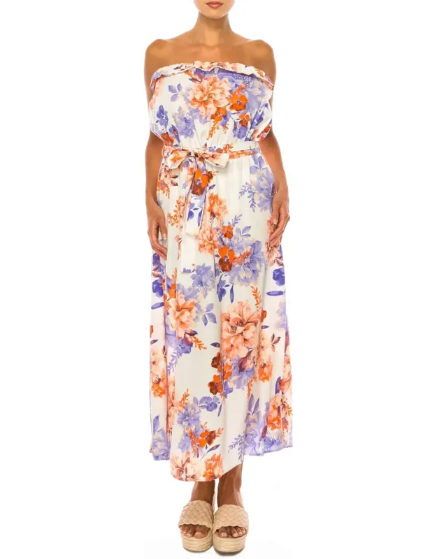 Floral Belted A-line Strapless Maxi Dress