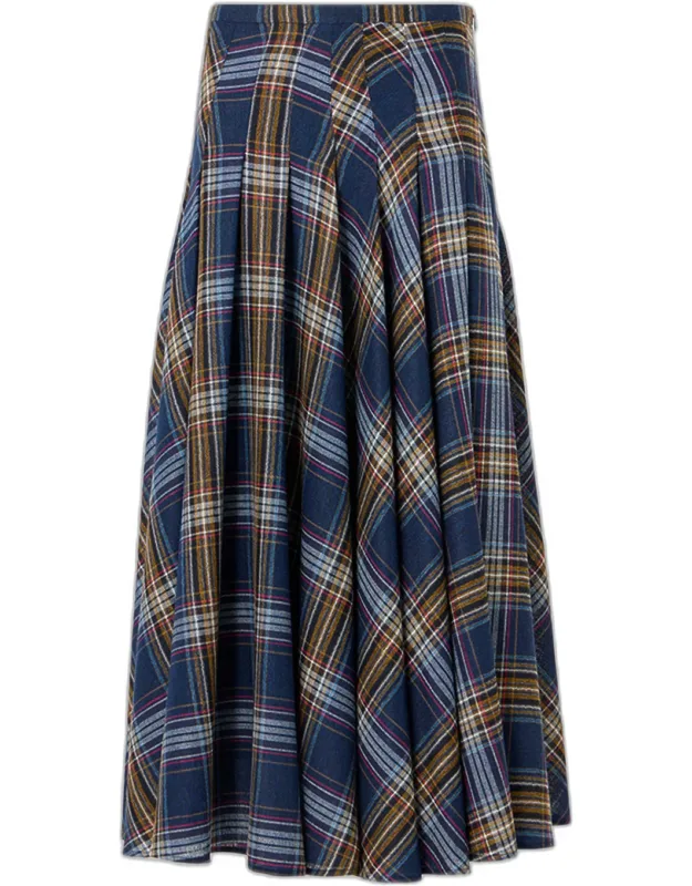 Plaid Lightweight Wool Blend Midi Skirt