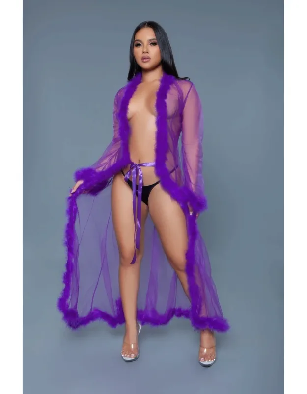 Marabou Robe - Sheer Lightweight Mesh, Faux Fur Trim