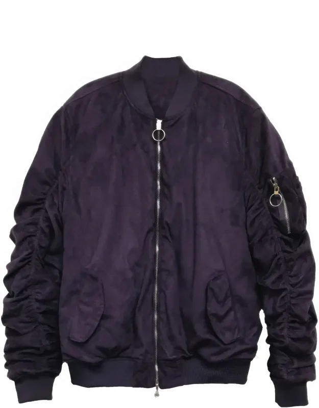 Mirosuede Scrunched Bomber Jacket With Utility Zippered Sleeve Pouch