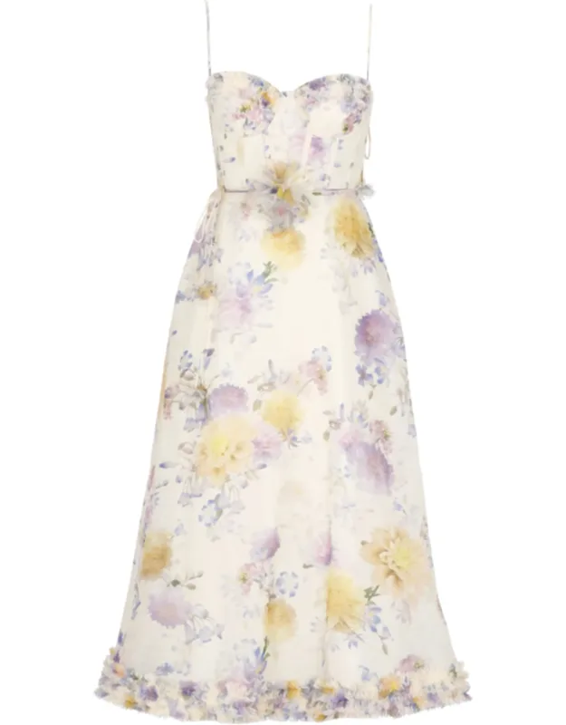 Heart-neck Midi Dress With Volant Details And Floral Accents