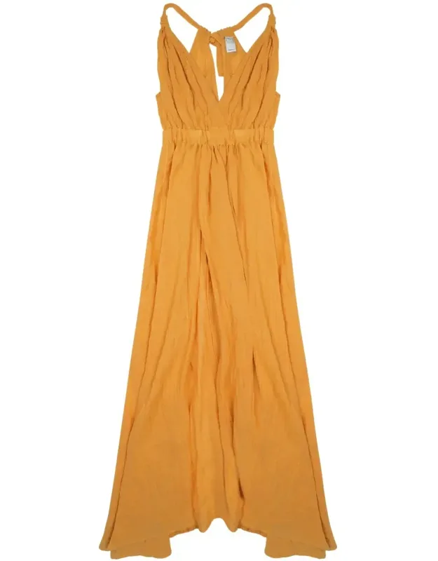 Sleeveless Midi Dress With Gathered Waist And V-neckline