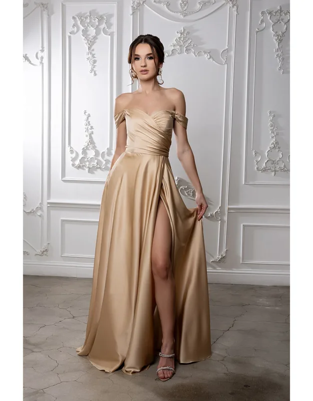 Off Shoulder Satin Dress With High Slit Pockets & Corset Lace-up Back