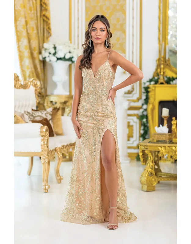 Sequined Lace Overlay Gown With Plunging Neckline And High Side Slit