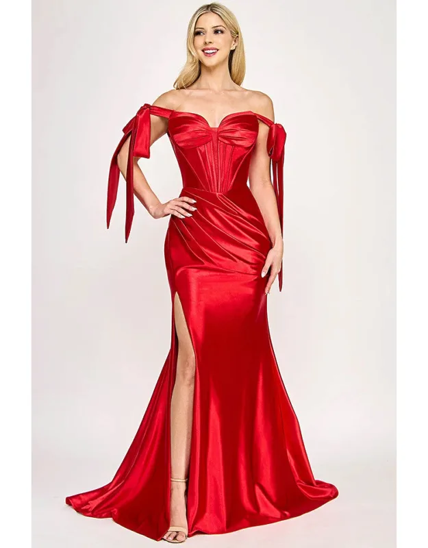 Satin Off-shoulder Corset Gown With Draped Skirt & Side Slit