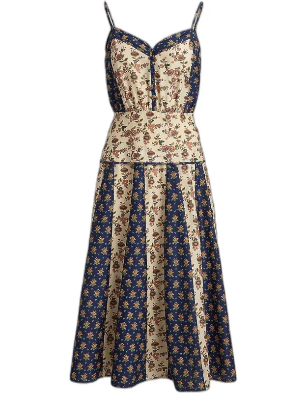 Floral Cotton-silk Paneled Midi Dress