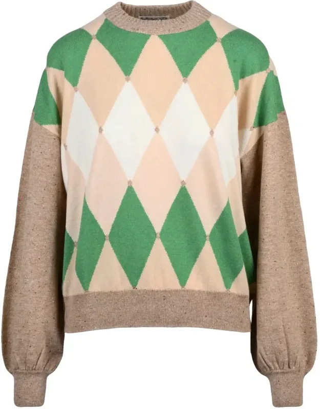 Crew Neck Cashmere Pullover With Puff Sleeves And Argyle Pattern