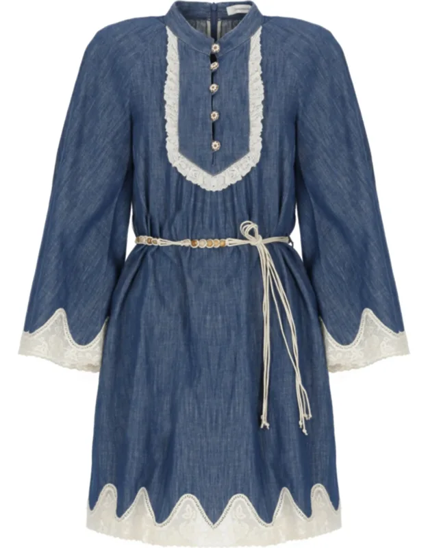 Denim Mini Dress With Scalloped Lace Detailing
