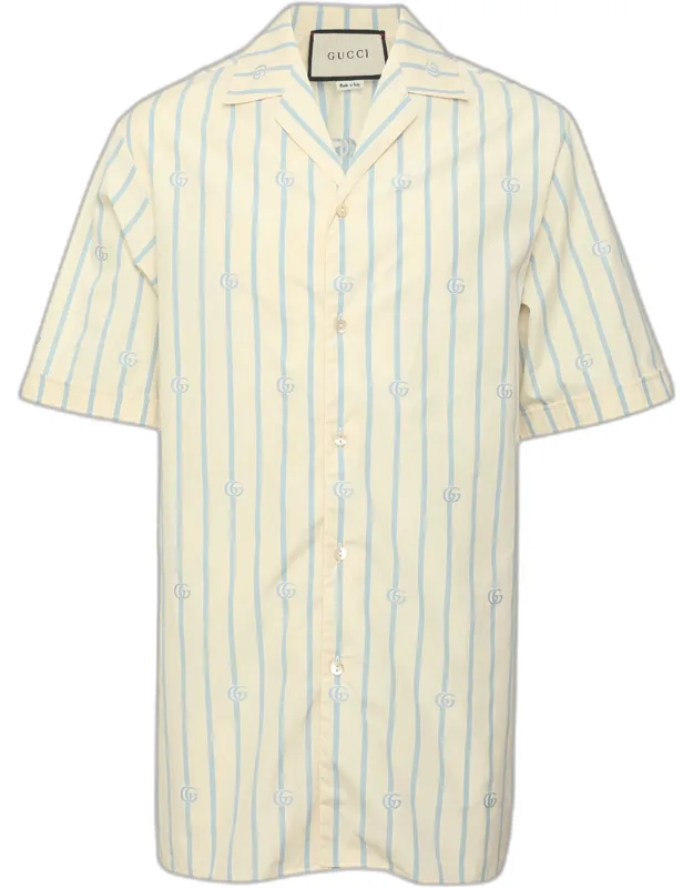 Light Beige Blue Stripe Poplin Short Sleeve Shirt