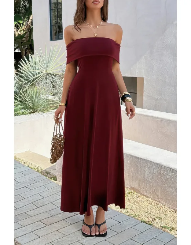 Off Shoulder Solid Backless Full Elegant Dress