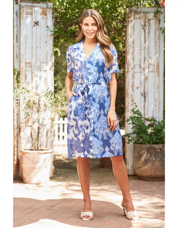 Print Mix Voile Short Sleeve Dress With Self-tie Belt