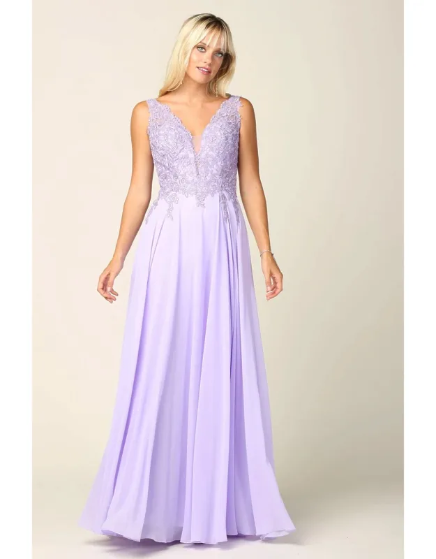 Lace Bodice Chiffon A-line Formal Evening Dress With V-neck And Open Back
