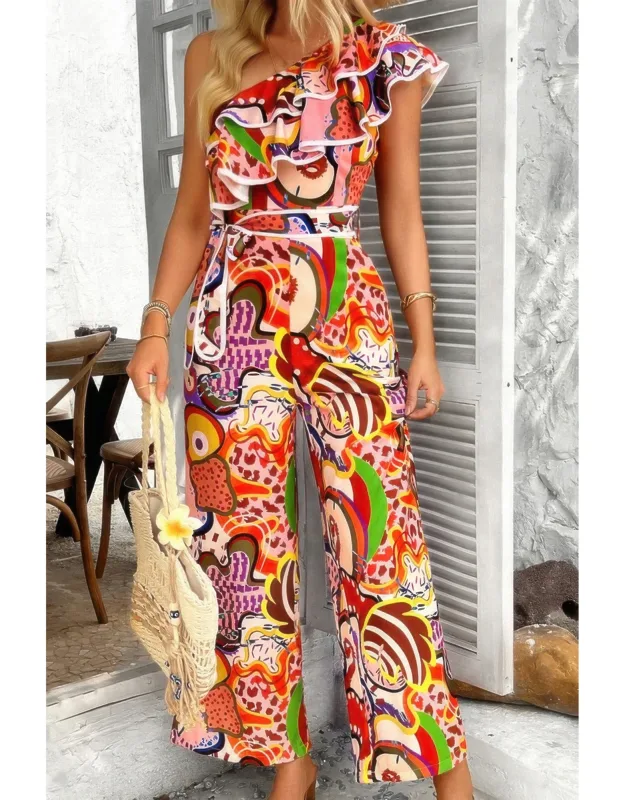 Allover Print One Shoulder Ruffle Belt Jumpsuit