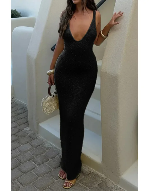Solid V Neck Halter Cross Back Maxi Dress