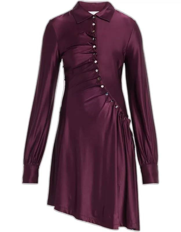 Asymmetric Gathered Button Long-sleeve Shirtdress