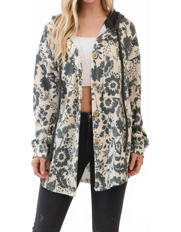 Floral Ribbed Knit Hoodie Shacket