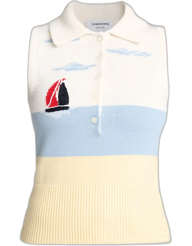 Embroidered Nantucket Intarsia Sleeveless Polo Sweater