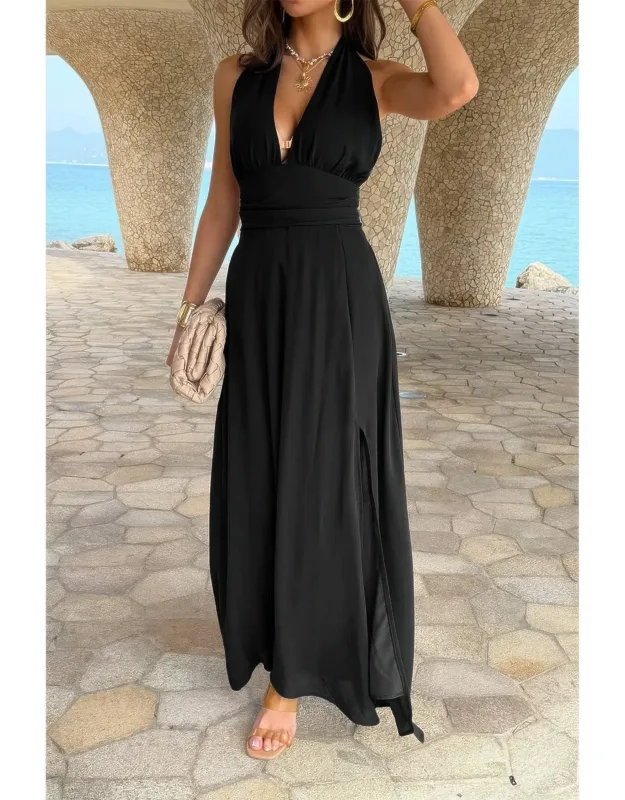 Halter V Neck Solid High Slit Bow Tie Maxi Dress