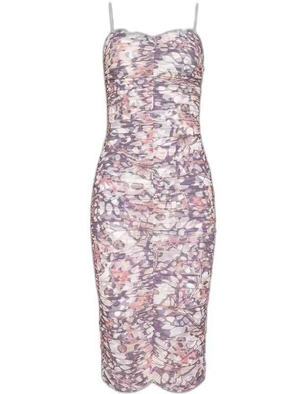 Butterfly Wing-print Ruched Midi Dress