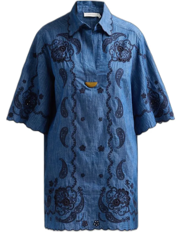Embroidered Denim Mini Dress