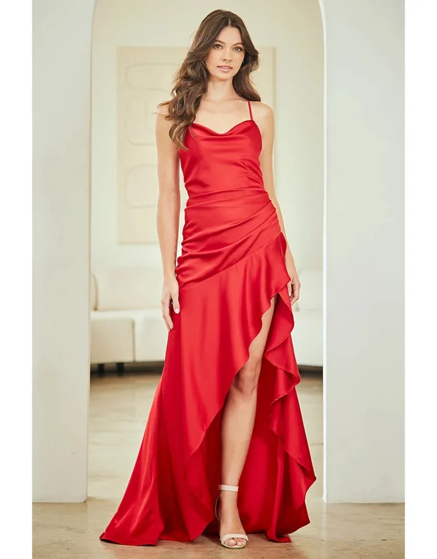Satin Asymmetrical Ruffle Hem Evening Dress With Side Slit