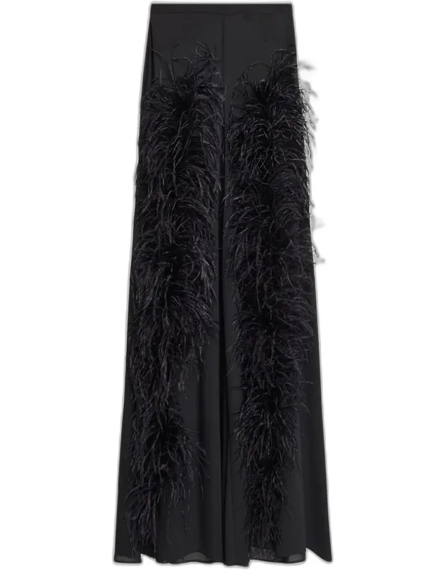 Feather-trim Georgette Wide-leg Pants