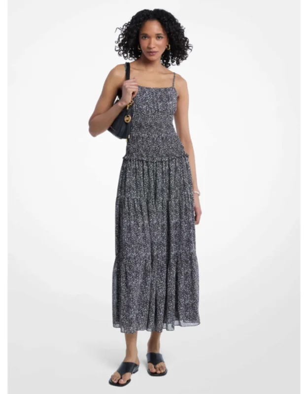 Abstract Print Georgette Smocked Dress