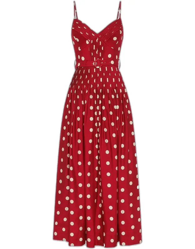 Belted Polka-dot Linen-blend Midi Dress