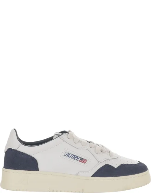 Round Toe Leather Sneakers With Suede Inserts And Logo Details