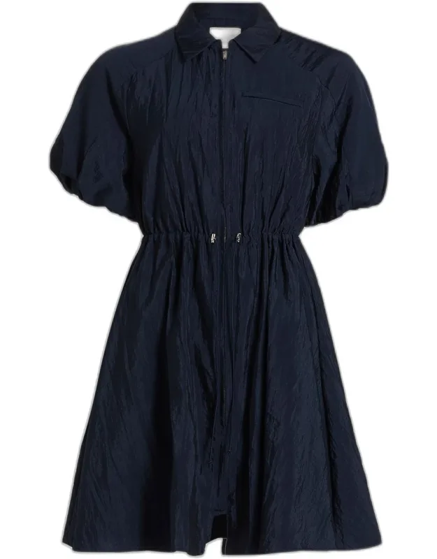 Textured Puff-sleeve Mini Shirtdress