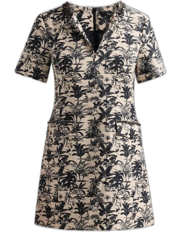 Embellished Palm Jacquard Mini Shift Dress
