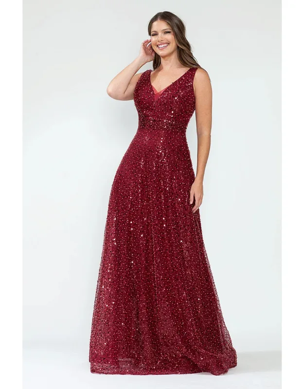 Sequin A-line Evening Gown With Deep V-neck And Glitter Beaded Waist