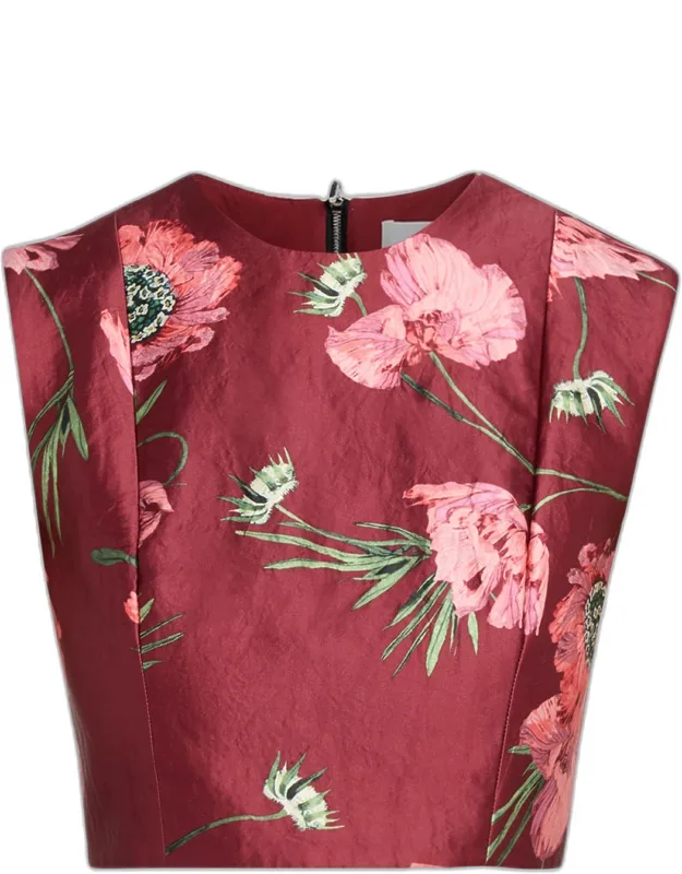 Floral Textured Satin Sleeveless Crop Top