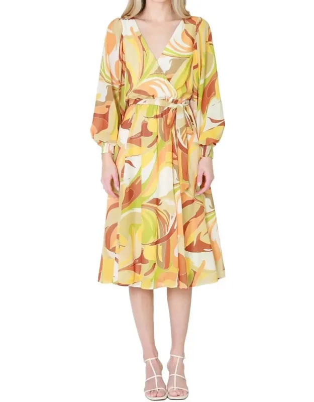 Printed Woven Midi Dress - Lightweight Fit And Flare Silhouette, V-neck Design