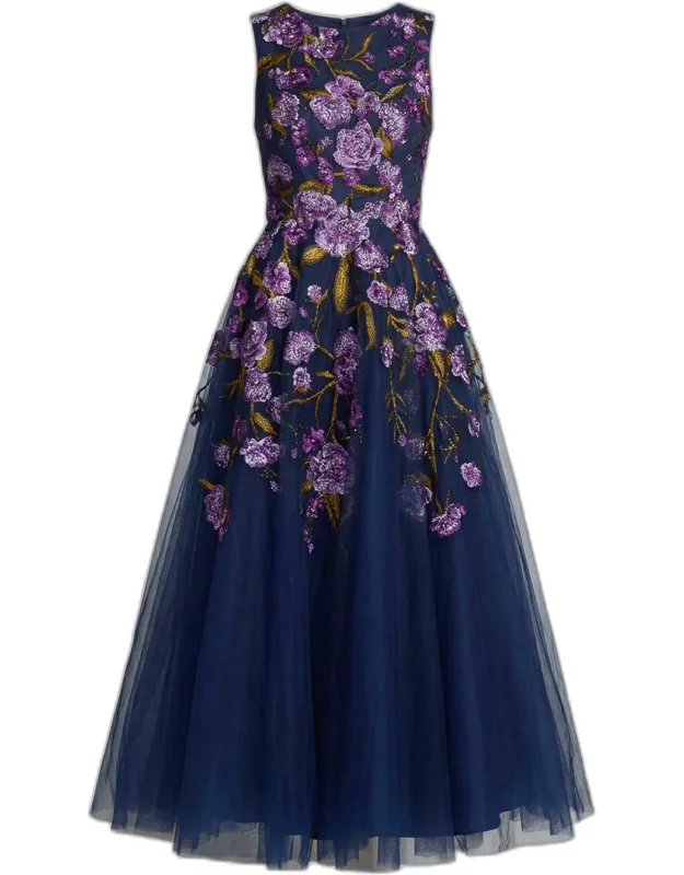 Floral-embroidered Tulle Tea-length Cocktail Dress