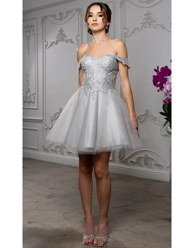 Off Shoulder Beaded Lace Appliqué Cocktail Dress Glitter Tulle A-line Dress