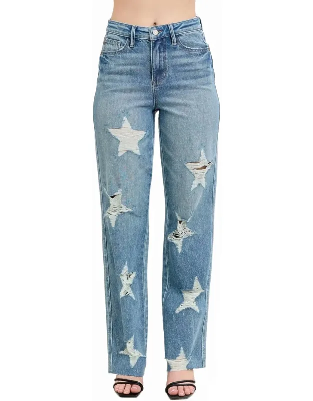 High Waist Rigid Magic Star Shaped Destroy 90's Straight Leg Jeans