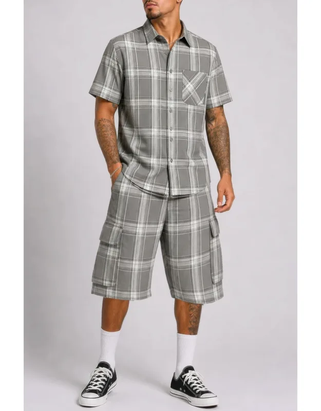 Checkered Shirt And Cargo Shorts Set With Adjustable Drawstring Waistband And Functional Pockets
