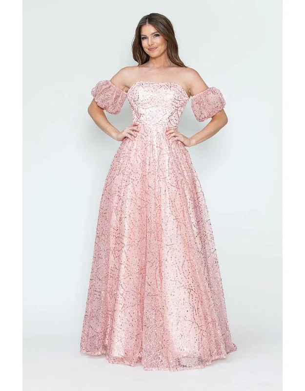 Off-shoulder Puff Sleeve Glitter A-line Formal Dress