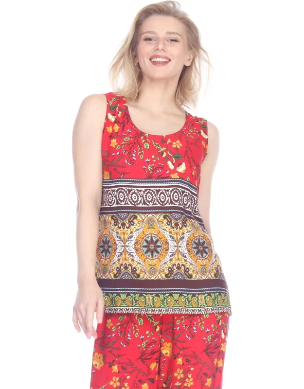 Rayon Border Print Scoop Neck Tank Top